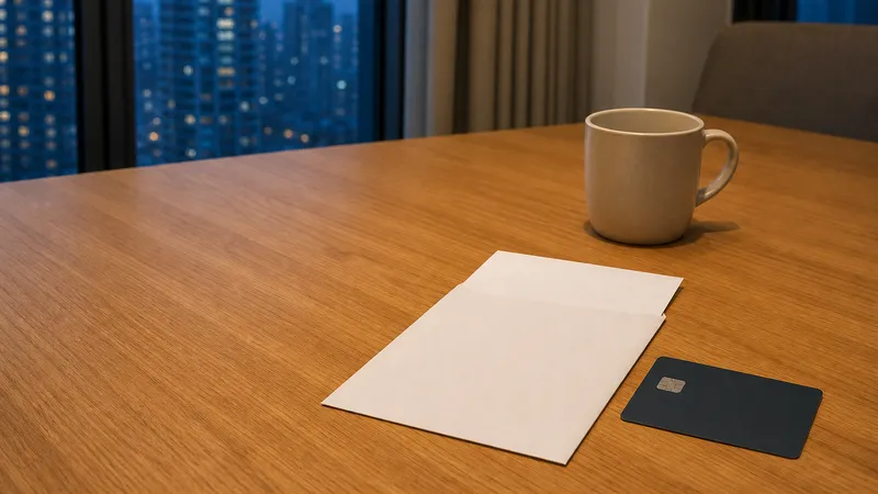 A credit-card statement, unbranded payment card and mug on a table in a Hong Kong home