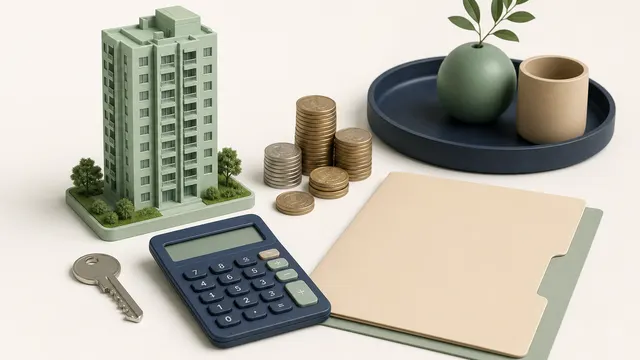 Green apartment model, key, coins, folder and calculator