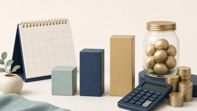 Calendar, three retirement milestones, savings jar and calculator