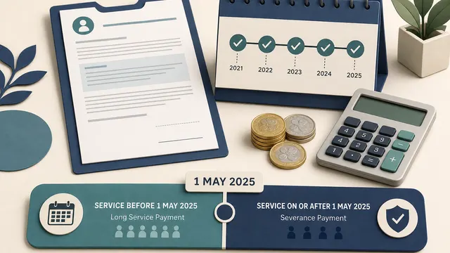 Employment documents, service timeline, coins and calculator