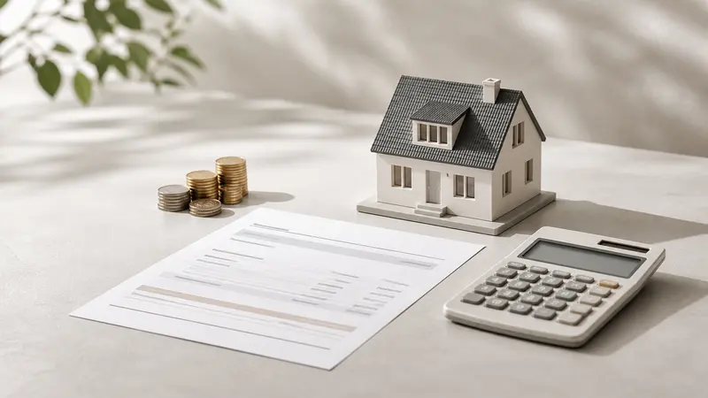 A house model, calculator, repayment paper and coins