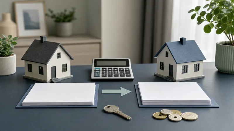 Two house models, mortgage documents, a key and calculator comparing refinancing options, with no people
