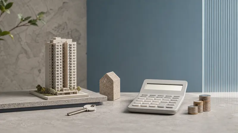 Apartment model, key, calculator and coins