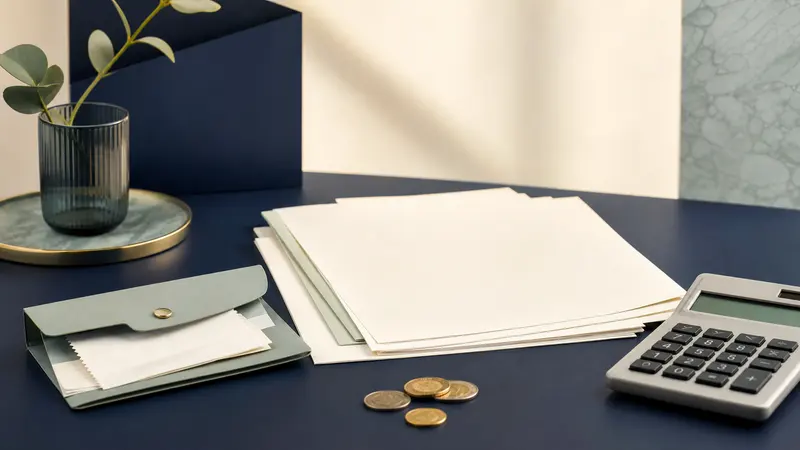 Folders, blank papers, coins and a calculator